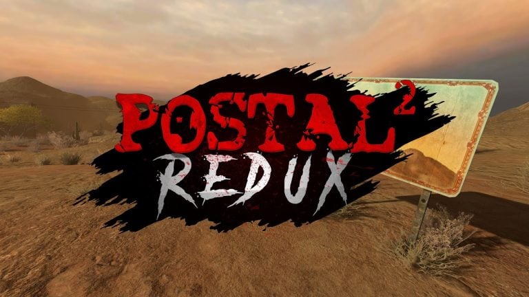 Logo for “Postal 2 Redux” overlaid on a desert landscape with a blank, weathered sign and mountains in the background.
