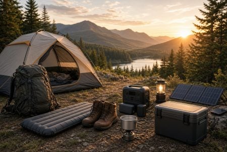 A camping setup with a tent, backpack, boots, air mattress, lantern, cooler, portable battery, solar panels, and a cooking pot at sunset by a lake and pine forest.
