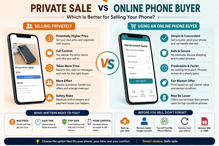 Private Sale vs Online Phone Buyer: Which Is Better For Selling A Phone Comparison chart showing pros and cons of selling a phone privately versus using an online phone buyer, highlighting factors like price, safety, speed, and convenience with icons and text.