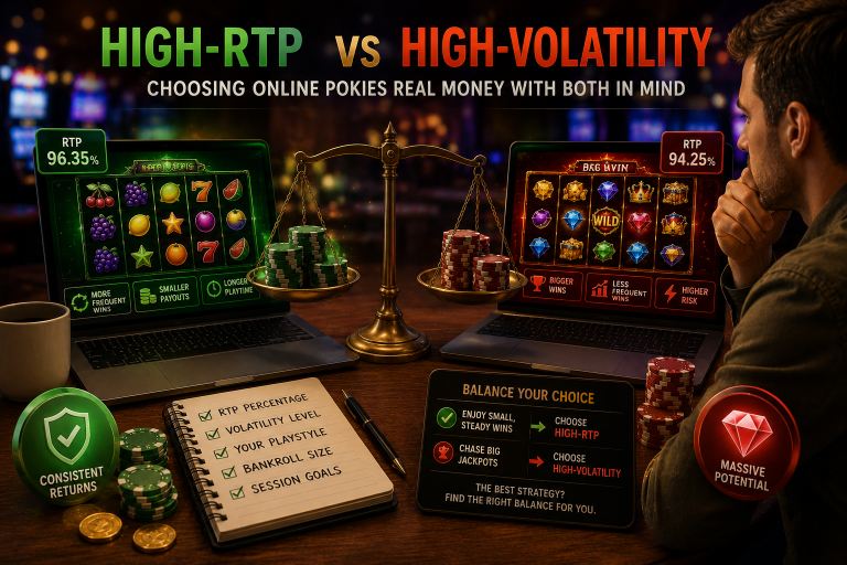 Man at a table comparing two laptops showing online slot games, labeled “High-RTP” and “High-Volatility,” with charts, chips, and a notepad listing slot selection factors.