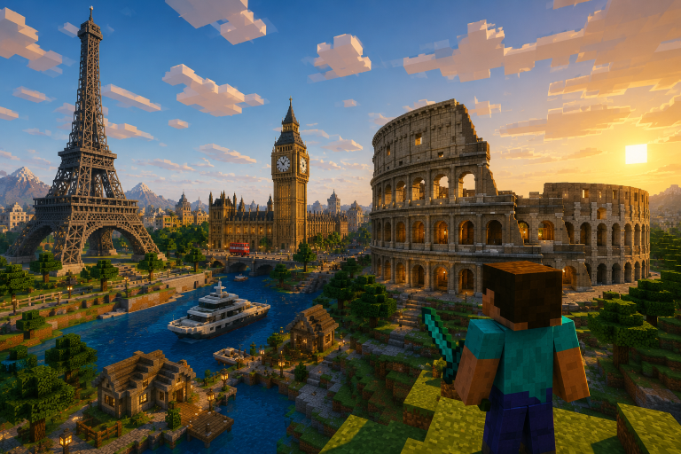 Real-Place Minecraft Maps Turn Familiar Landmarks Into Playable Adventures A Minecraft scene with the Eiffel Tower, Big Ben, and the Colosseum near a river, as a character holding a sword stands in the foreground at sunset.