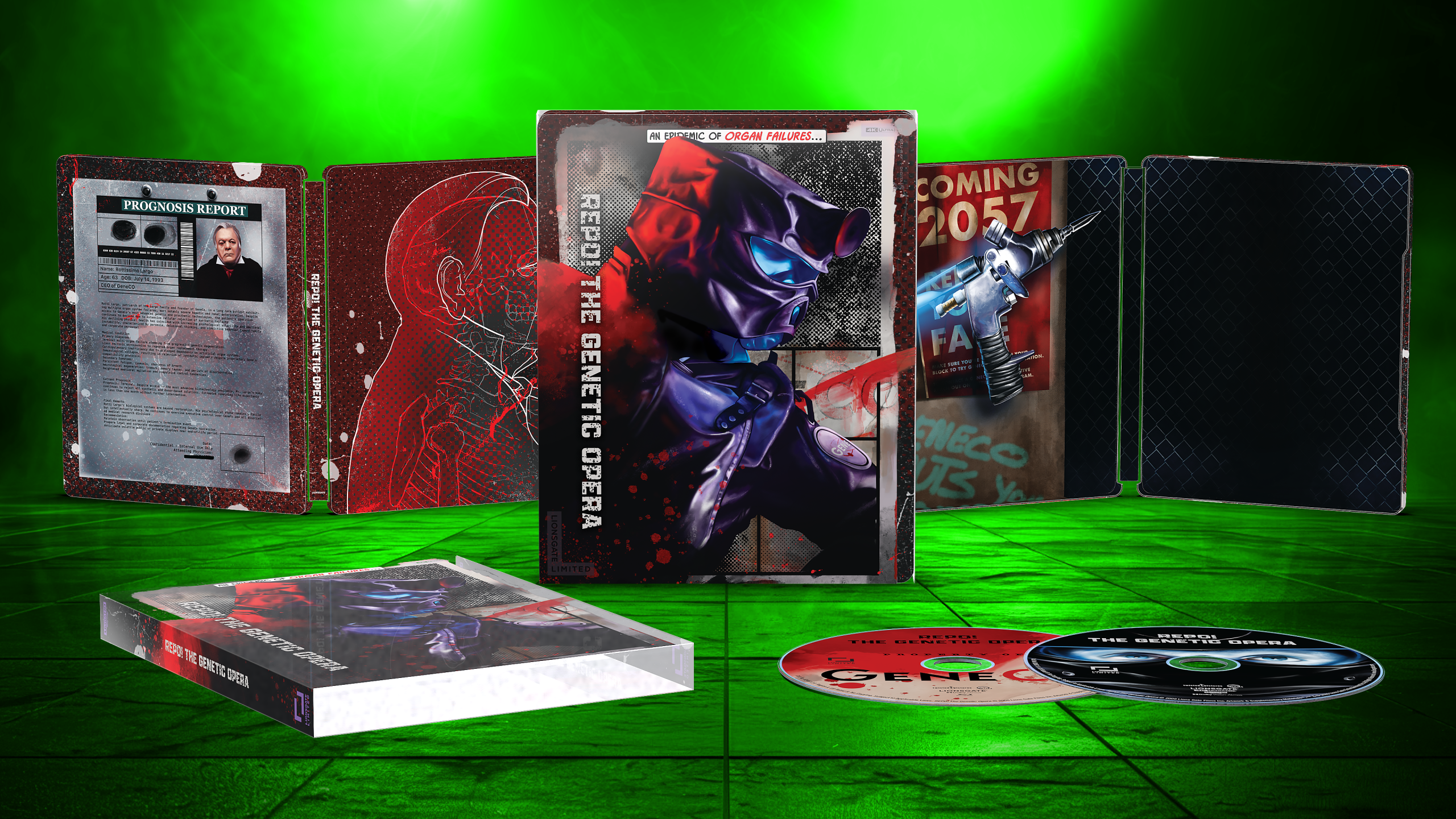 A limited edition Blu-ray set of “Repo! The Genetic Opera,” featuring the case, inner artwork, booklet, and two discs, displayed on a green-lit surface.