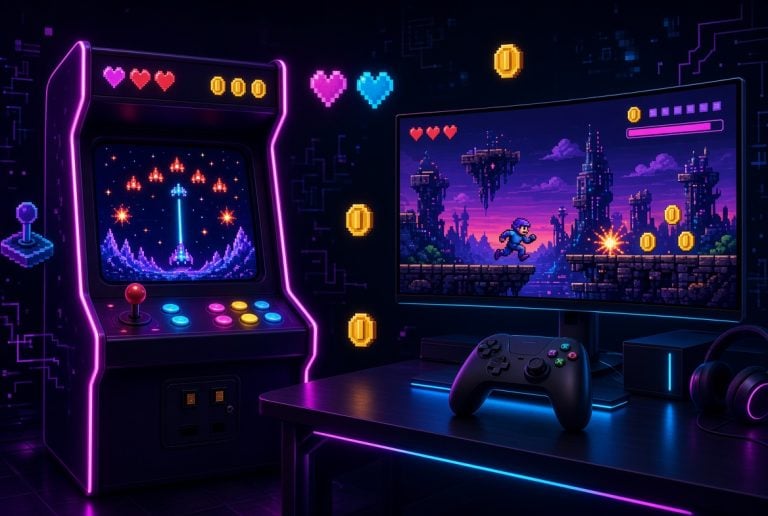 Retro Arcade Mechanics Are Quietly Taking Over Modern Game Design A neon-lit room with a retro arcade machine and a desk setup displaying a pixel art video game on a monitor. A game controller and headphones are on the desk.