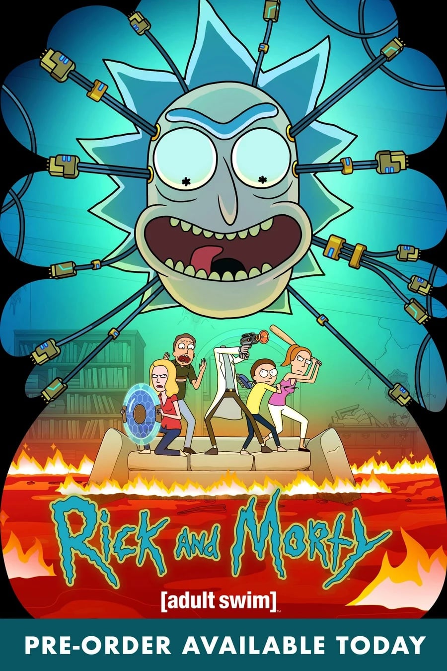 Poster for “Rick and Morty” shows main characters posing with weapons in front of a large mechanical Rick head. Pre-order available today is written at the bottom.