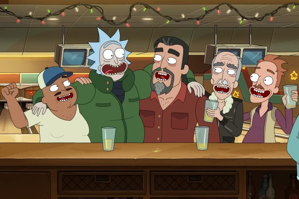 Five animated characters with wide open mouths and arms around each other stand at a bar counter with drinks, under string lights and TV screens in the background.