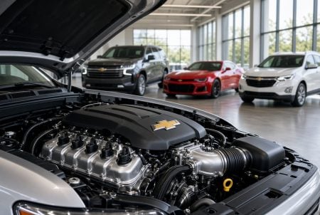Close-up of a Chevrolet engine under an open hood in a showroom with three Chevrolet vehicles parked in the background.