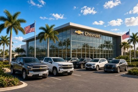 A Chevrolet dealership with five cars parked in front, palm trees, two American flags, and a glass building under a partly cloudy sky.
