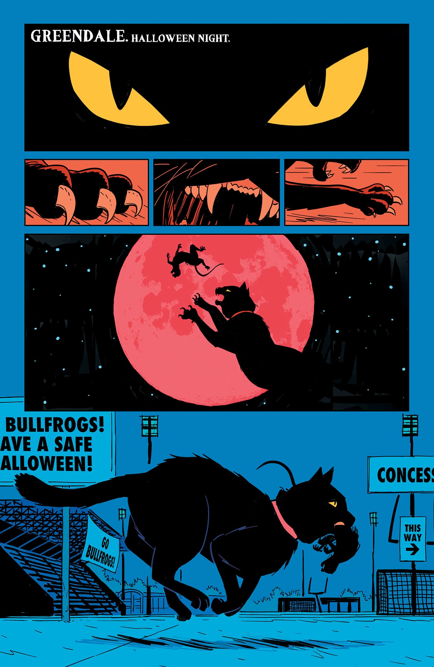 Comic page shows a black cat leaping with a startled person in front of a red moon, then running through a stadium with a “Bullfrogs! Have a Safe Halloween!” sign visible.
