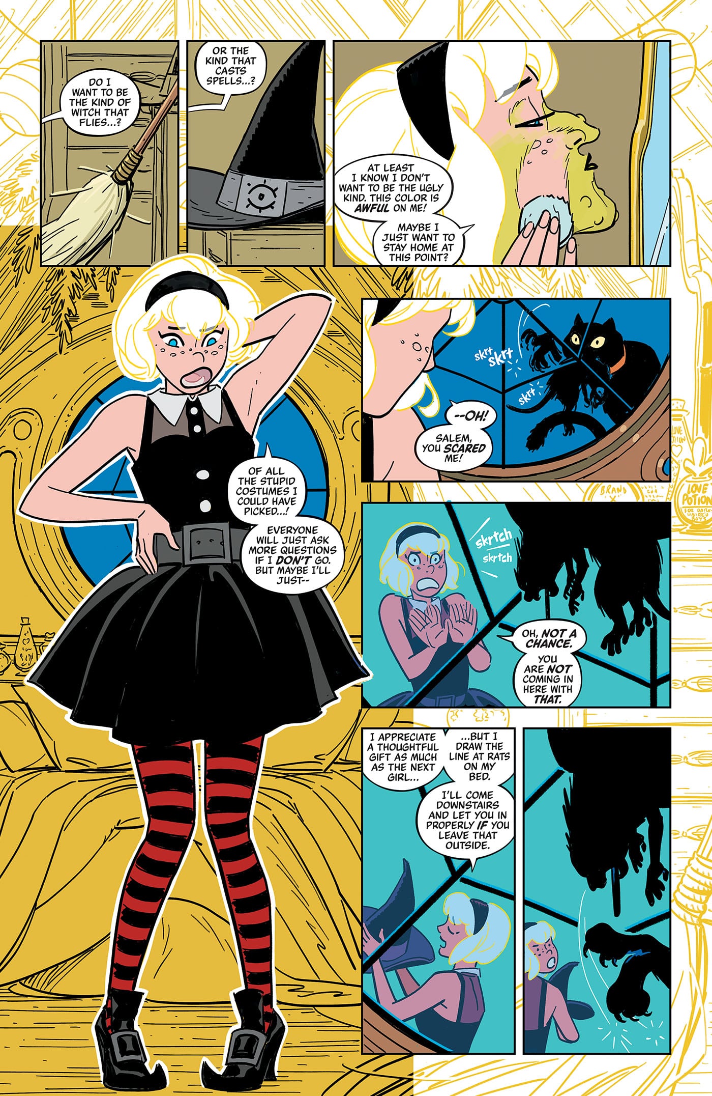 Comic page showing a shocked blonde girl in a black dress talking to a talking cat. The cat transforms into a shadowy, demonic figure, startling her as they converse in her bedroom.