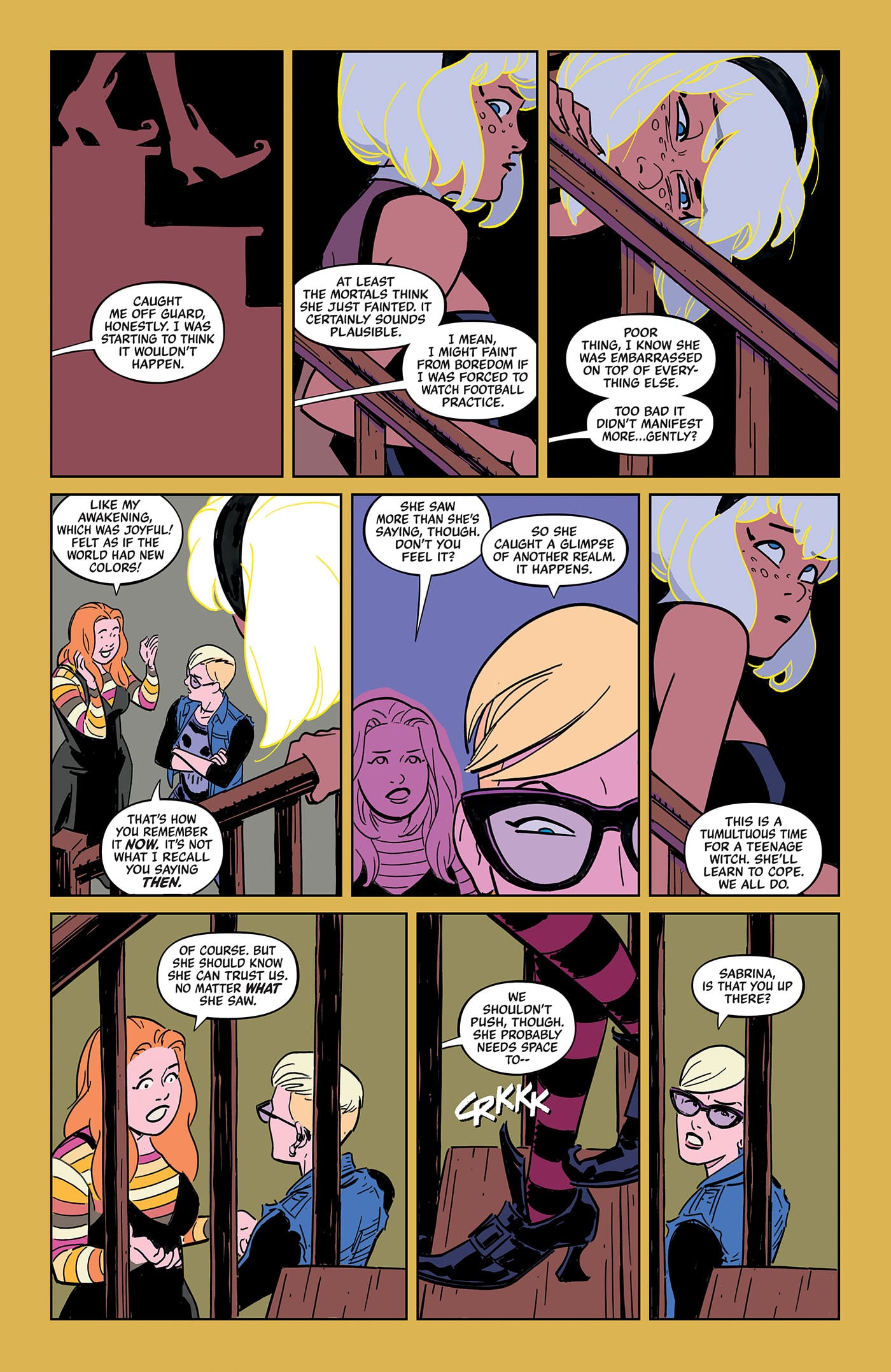 A comic page shows four women talking indoors about catching someone, feeling guilt, and planning their next steps; one descends stairs wearing glasses, boots, and a determined expression.