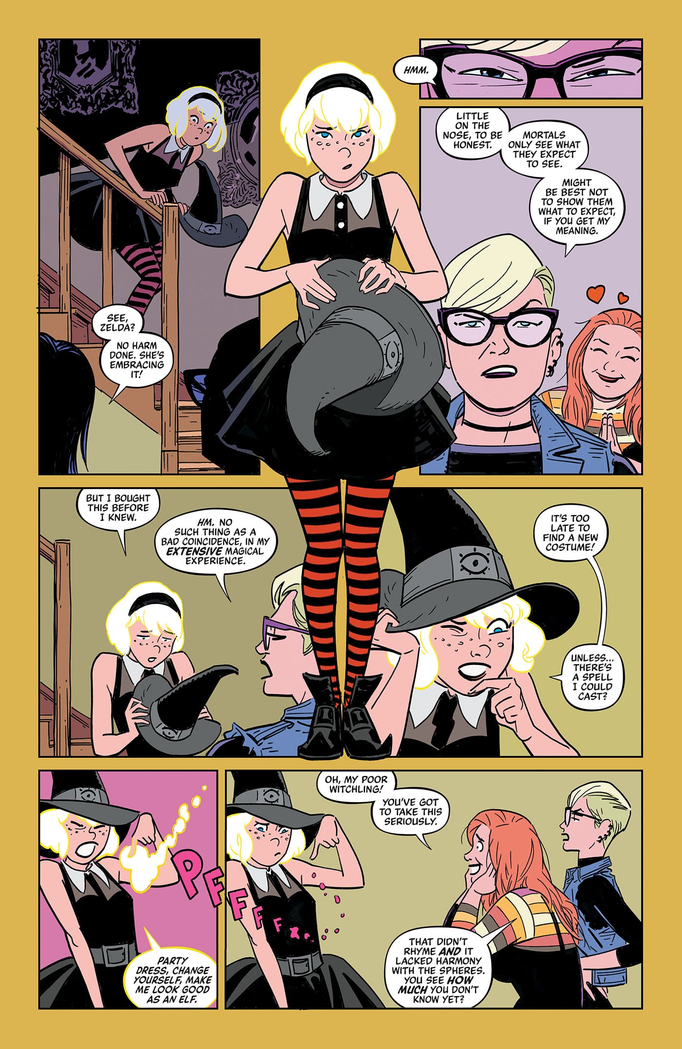 A blonde girl in striped stockings struggles to fit into a witch costume while talking to a friend with orange hair on a staircase in a brightly lit, colorful room.