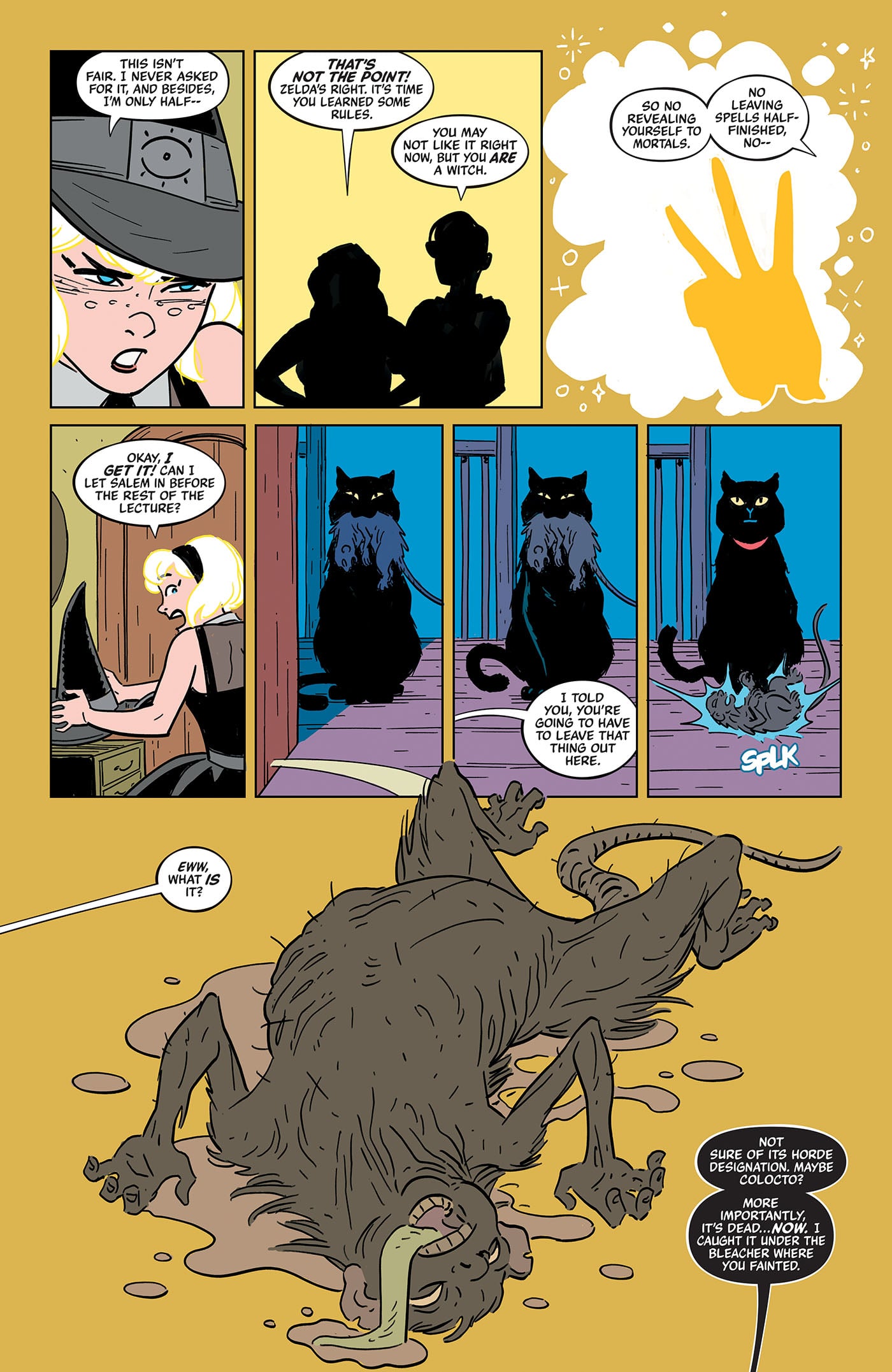A girl talks to two black cats about magic; later, one cat is seen dead on the floor with green liquid coming from its mouth.
