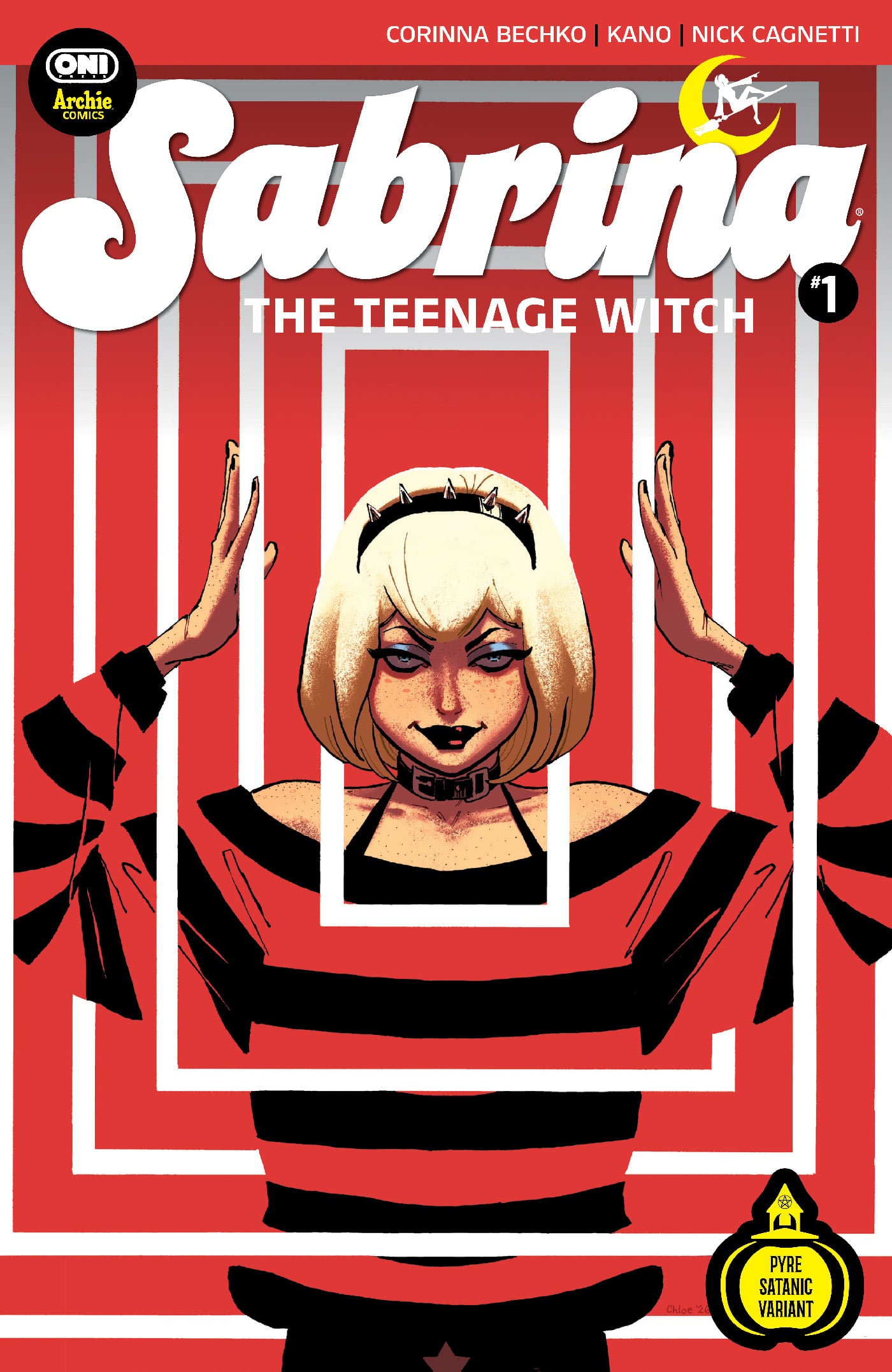 Comic cover of “Sabrina the Teenage Witch #1” featuring Sabrina with white hair, striped shirt, arms raised, and geometric red and white background. Archie Comics and creators’ names at top.