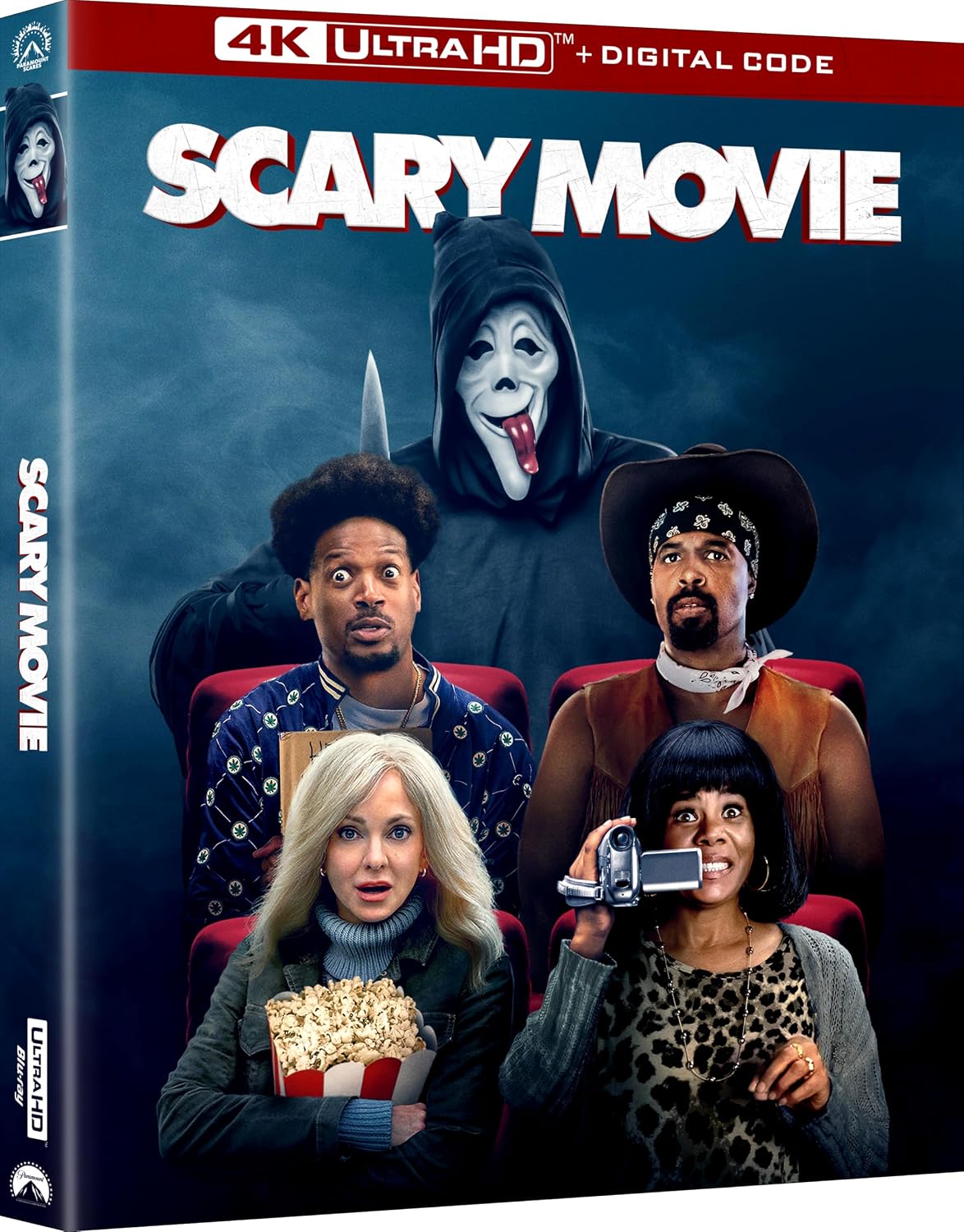 Four people sit in a theater with a masked figure behind them, on the cover of the “Scary Movie” 4K Ultra HD box. The characters appear startled or surprised.