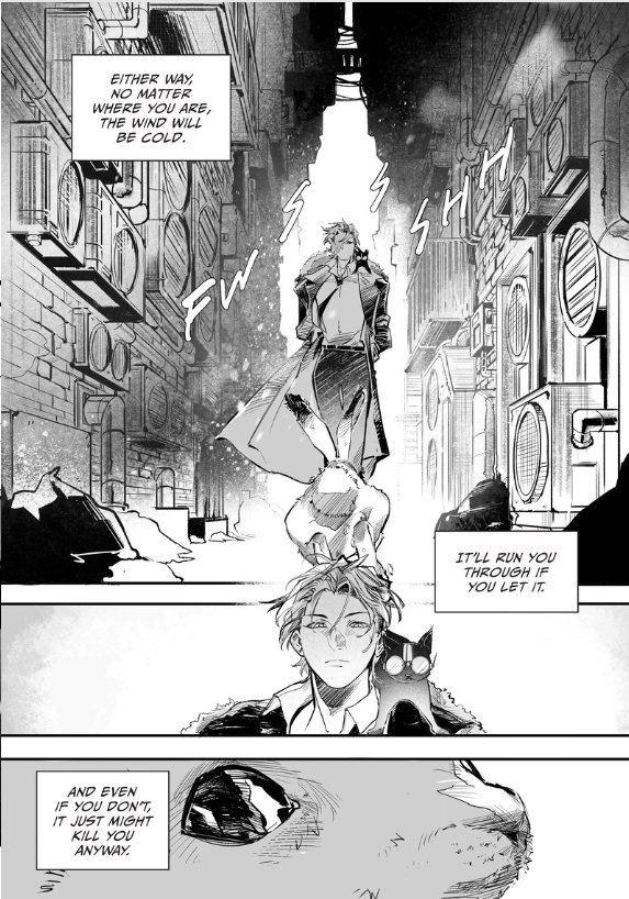 A person walks down an alley with a cat, wind swirling around them; narration boxes describe the cold and danger of the wind, both literally and metaphorically.