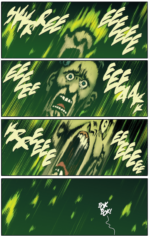A frightened person screams as their face distorts and stretches across colorful panels, ending with the sound “Bok bok!” in a green background.