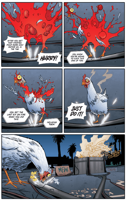 A chicken pulls the pin on a grenade with its beak, causing an explosion, as another chicken urgently instructs it to act quickly in a tense scene.