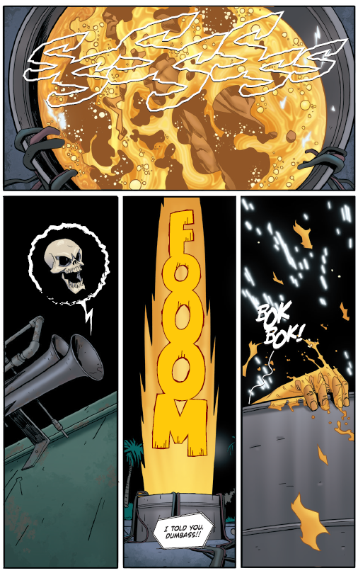 A swirling orb explodes with a “FOOM” as a skeleton yells, “I TOLD YOU, DUMBASS!” and debris bursts from a container; a skeletal hand appears among the fragments.
