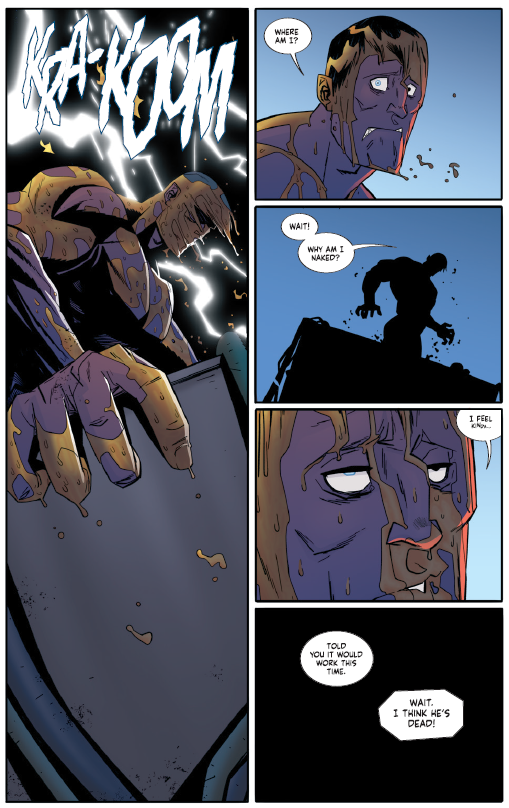A muscular man awakens confused and naked during a lightning storm, questions his state, and learns from a shadowy figure that someone called “Mike” is dead.