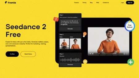 Website screenshot showing Seedance 2 Free by Framia, with a demo of an AI-generated avatar video and options to try, watch demo, and sign up.