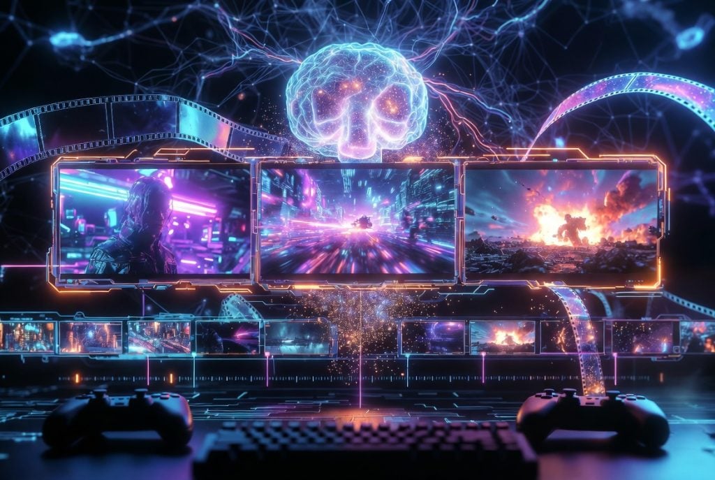 How To Use Seedance 2.5 To Create Game Trailers: A Three-Shot AI Video Workflow Three gaming monitors display sci-fi and apocalyptic scenes, with a glowing digital brain above and gaming controllers in the foreground.