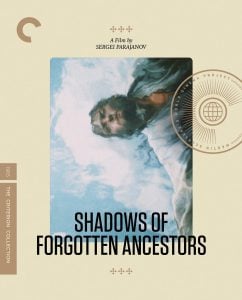 A man with a beard looks down, surrounded by clouds. The image is framed on a beige cover with text: “Shadows of Forgotten Ancestors” and “A film by Sergei Parajanov.”.