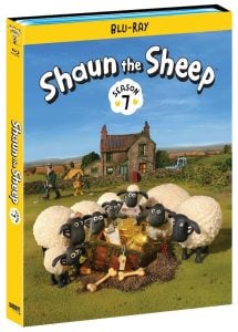 Blu-ray cover for “Shaun the Sheep Season 7” featuring Shaun and other sheep gathered around a treasure chest on a farm background.