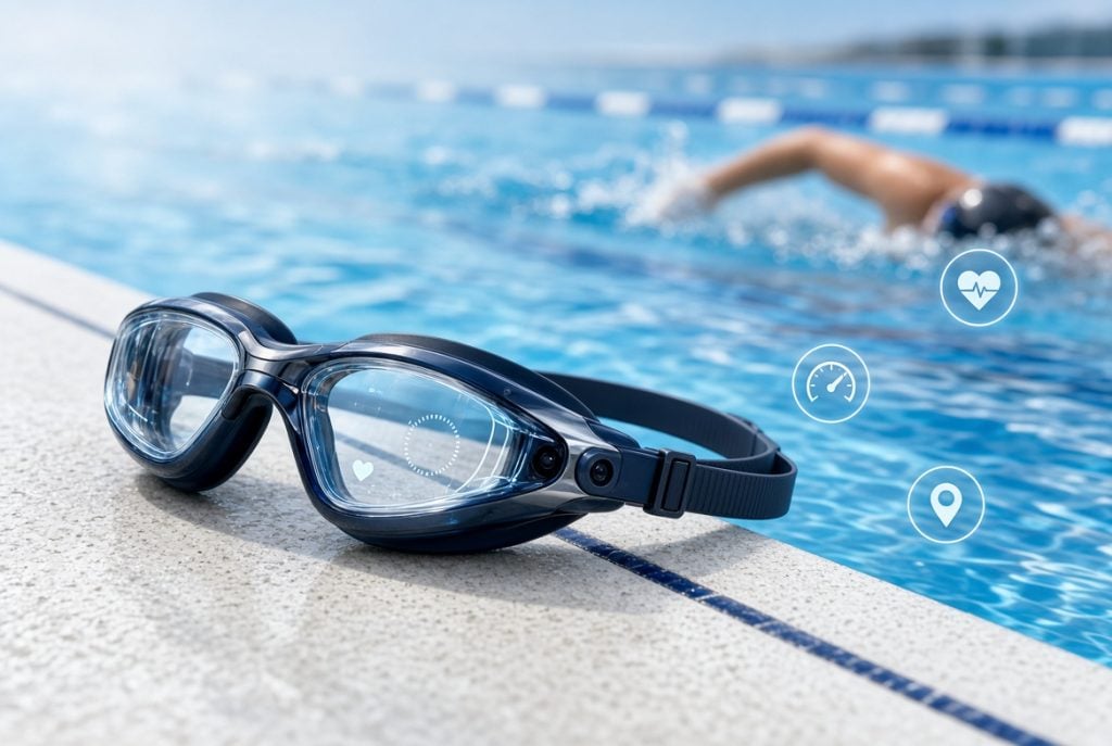 A pair of smart swimming goggles sits on the poolside, while a swimmer moves in the background. Digital fitness icons are overlaid, indicating tracking features.