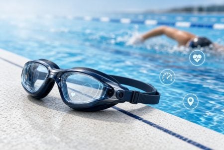 A pair of smart swimming goggles sits on the poolside, while a swimmer moves in the background. Digital fitness icons are overlaid, indicating tracking features.
