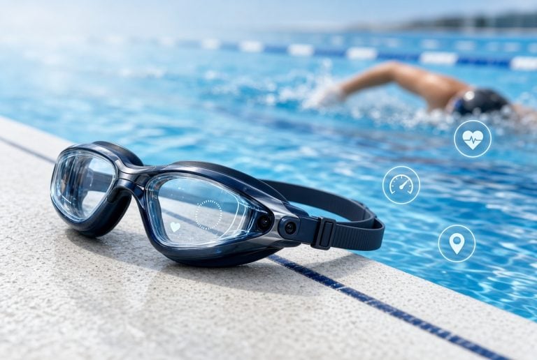 A pair of smart swimming goggles sits on the poolside, while a swimmer moves in the background. Digital fitness icons are overlaid, indicating tracking features.