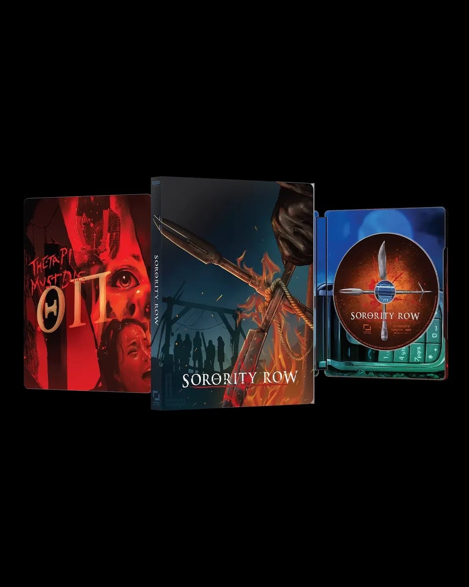 A limited edition Blu-ray set of “Sorority Row” featuring illustrated cover art, a disc, and an open case displaying the movie’s title and themed imagery.