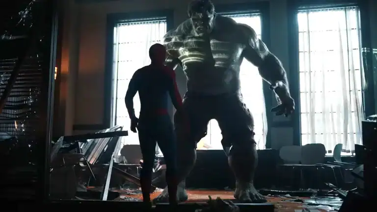 Spider-Man stands facing a large, glowing Hulk in a damaged room with broken furniture and shattered windows.
