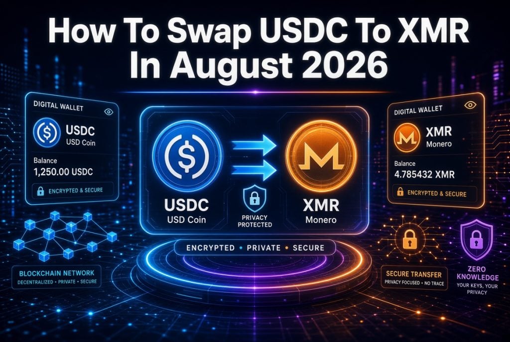 Digital diagram showing steps to swap USDC to XMR using digital wallets, blockchain network, privacy protection, and secure transfer, dated August 2026.
