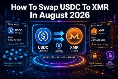 Digital diagram showing steps to swap USDC to XMR using digital wallets, blockchain network, privacy protection, and secure transfer, dated August 2026.
