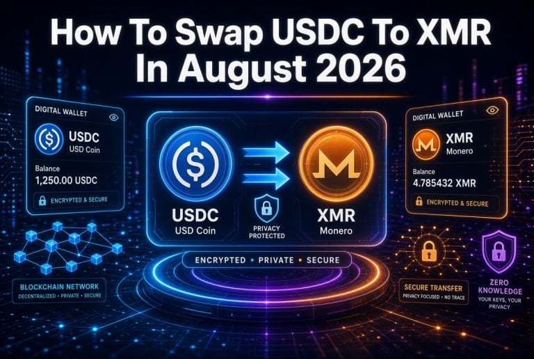 Digital diagram showing steps to swap USDC to XMR using digital wallets, blockchain network, privacy protection, and secure transfer, dated August 2026.