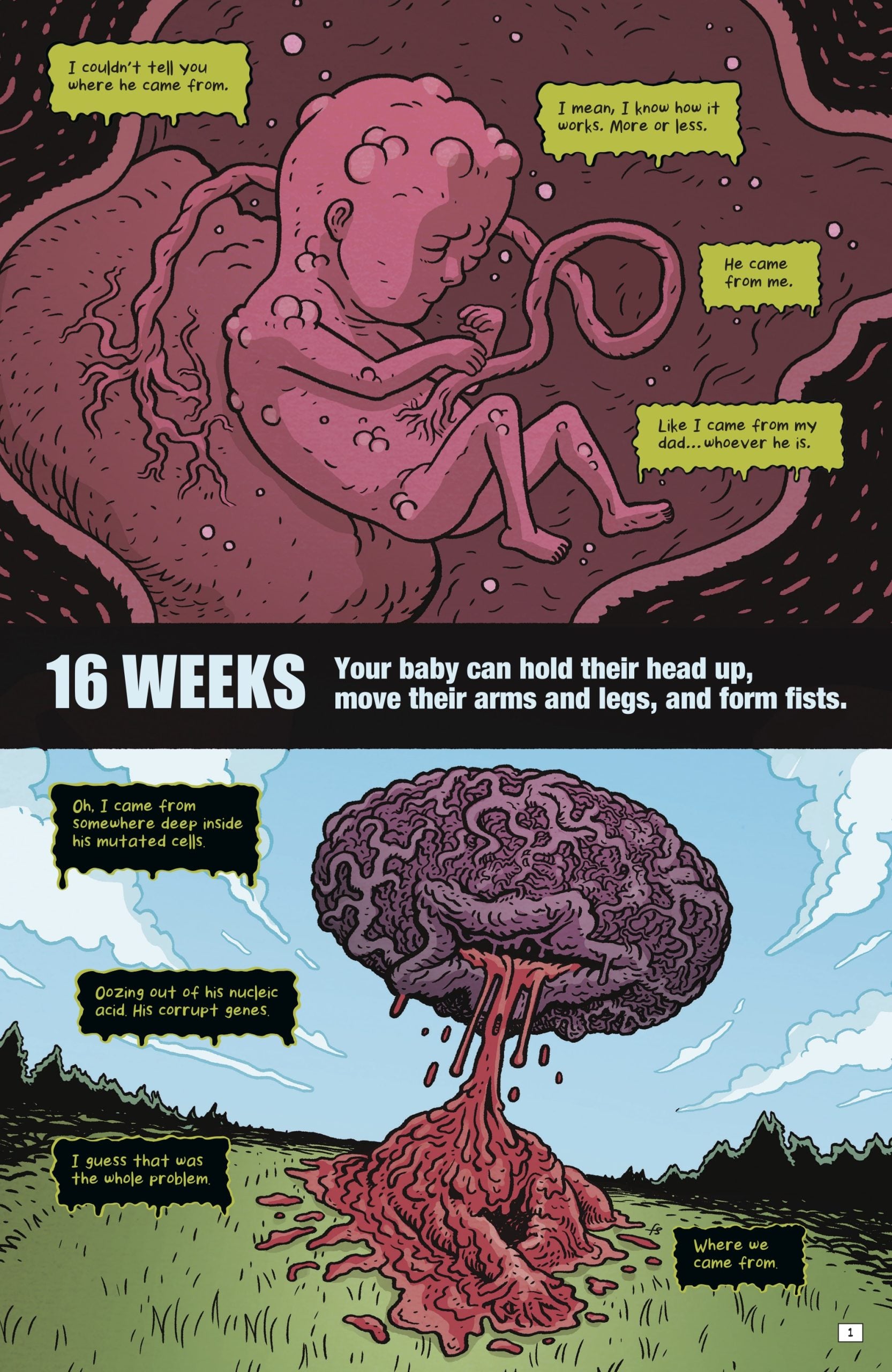 A fetus at 16 weeks floats in utero above a melting, mutated tree with a brain-shaped top; text describes origins and changes.