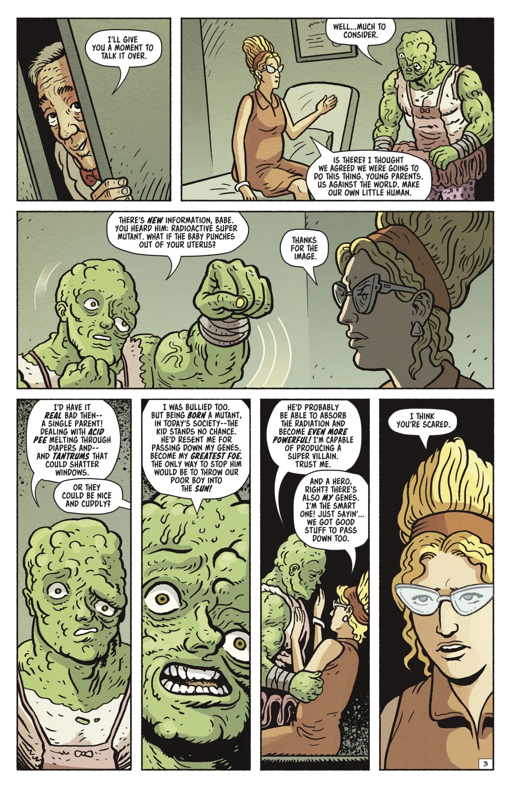 A green-skinned mutant speaks with a woman in a hospital gown, discussing origins, fears, and motivations in a dimly lit room.
