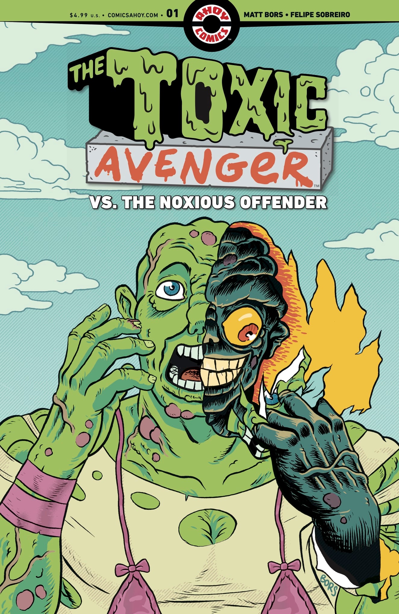 Comic book cover showing The Toxic Avenger, a green mutant, pulling off a mask to reveal a monster face with fire in the background. Title: “The Toxic Avenger vs. The Noxious Offender.”.