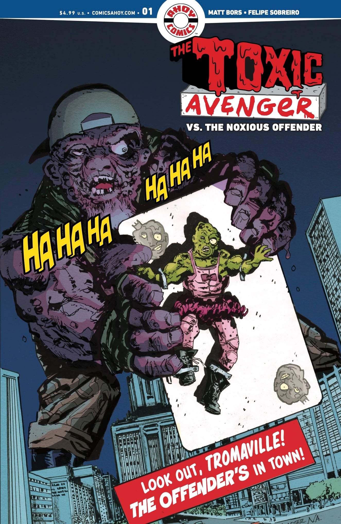 Comic book cover showing the Toxic Avenger holding a drawing of a villain called the Noxious Offender, with city buildings in the background and comic sound effects.