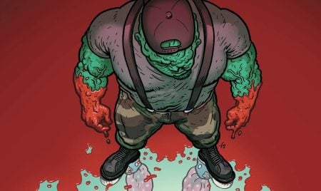 GVN Exclusive: The Toxic Avenger Vs. The Noxious Offender #2 Cover Revealed Illustration of a muscular figure with green and red skin, wearing a backward cap, suspenders, and sneakers, standing on a cracked surface with a red background.