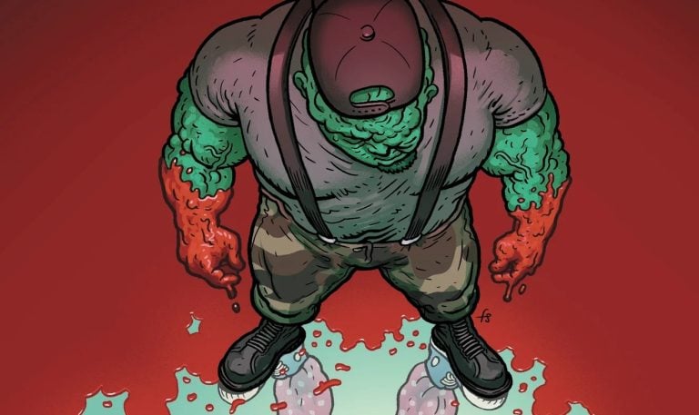 GVN Exclusive: The Toxic Avenger Vs. The Noxious Offender #2 Cover Revealed Illustration of a muscular figure with green and red skin, wearing a backward cap, suspenders, and sneakers, standing on a cracked surface with a red background.