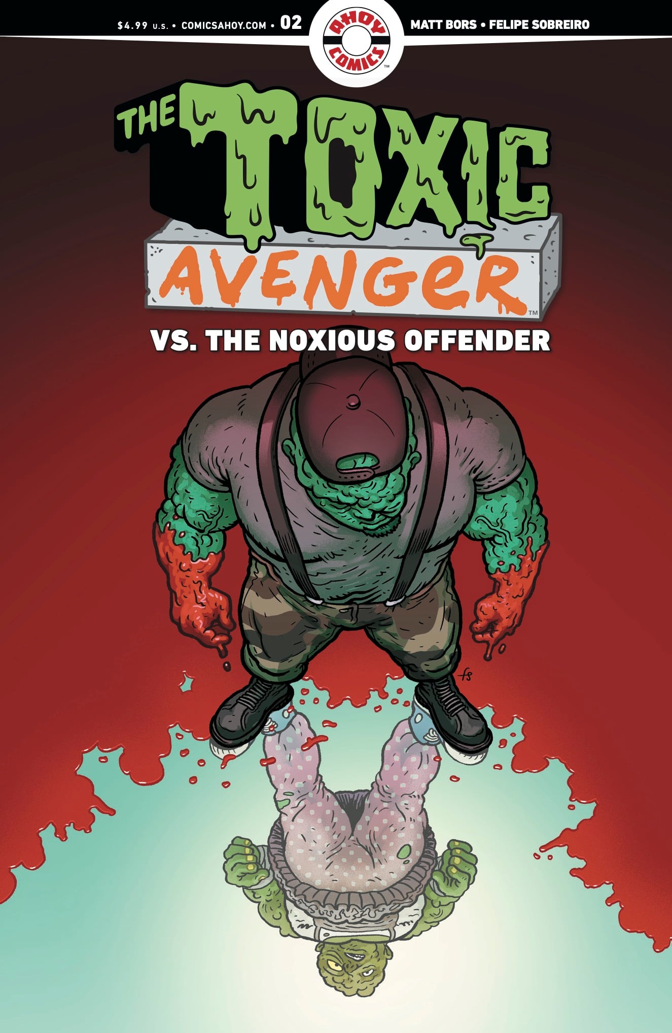 Comic book cover showing a muscular green mutant in a cap looking into a red puddle, reflecting a businessperson in a suit. Title: The Toxic Avenger vs. The Noxious Offender.