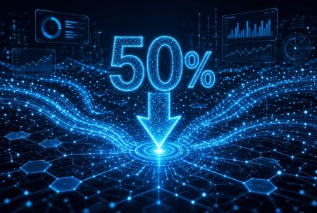 Digital illustration of a large glowing “50%” with a downward arrow, surrounded by data charts, graphs, and hexagonal patterns on a blue, futuristic background.
