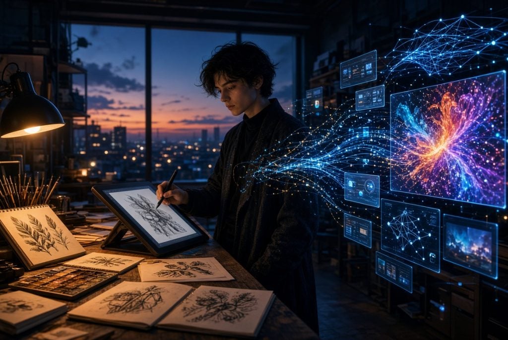 A person draws botanical sketches on a tablet in a studio at sunset, with digital screens and abstract data visualizations surrounding them.