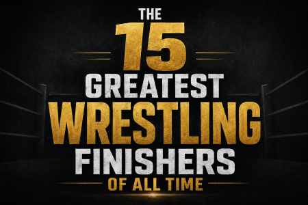 The 15 Greatest Wrestling Finishers Of All Time Text graphic reads: “The 15 Greatest Wrestling Finishers of All Time” with a dark background and faint outlines of wrestling ropes on the sides.