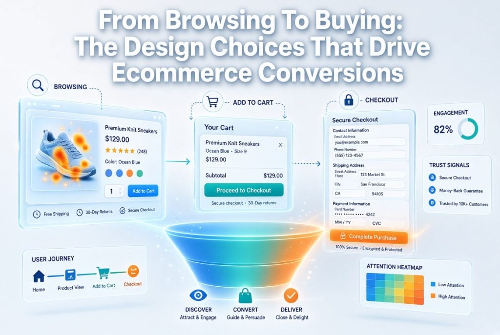 An infographic showing UI elements of an ecommerce site, conversion funnel stages, and analytics like engagement, user journey, trust signals, and attention heatmap.