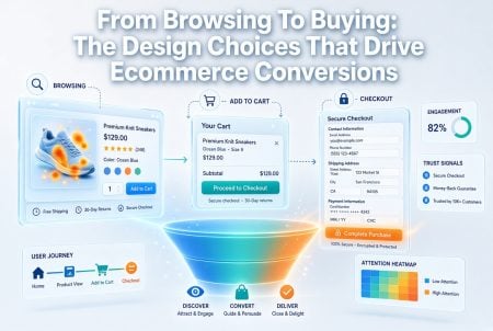 An infographic showing UI elements of an ecommerce site, conversion funnel stages, and analytics like engagement, user journey, trust signals, and attention heatmap.