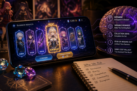 A mobile gacha game summons screen shows five character cards, with gaming psychology concepts and a handwritten list of reasons for pulling in a game displayed nearby.