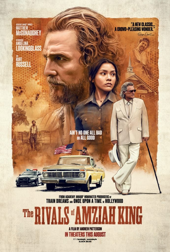 Movie poster for “The Rivals of Amziah King” featuring large portraits of Matthew McConaughey and other characters, a yellow car, American flags, and a rural background.