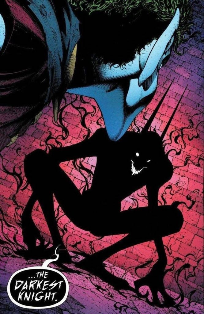 A shadowy, humanoid figure with a sinister grin crouches against a red brick background, while a masked face looms above. Speech bubble reads “...THE DARKEST KNIGHT.”.